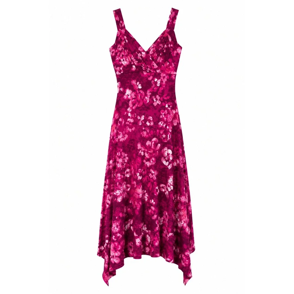 Susan Graver Liquid Knit Handkerchief Hem Midi Dress XXS Pink Floral Flowy